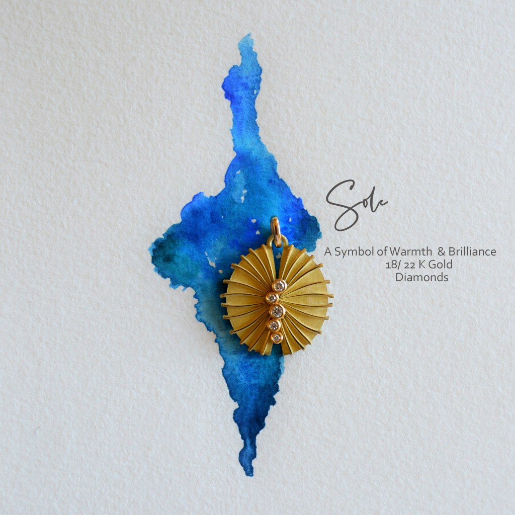 Wearable Art Jewelry- Custom Jewelry Design by sasha Bravo, San Diego .Gold Cosmic Sun Pendant with diamonds in 18K gold on watercolor