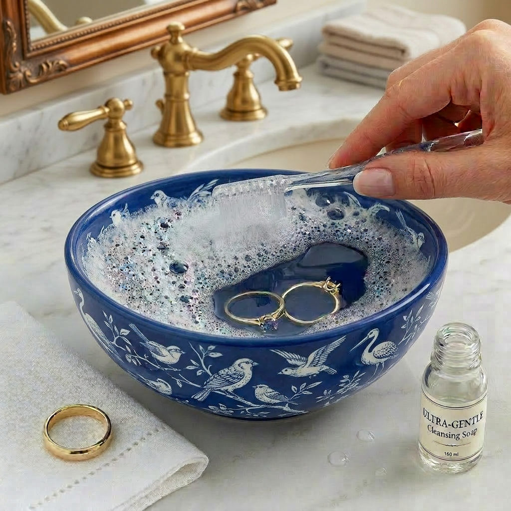 Hand cleaning gold rings with a toothbrush in a bubbly blue floral bowl with delicate jewelry cleaner bottle nearby